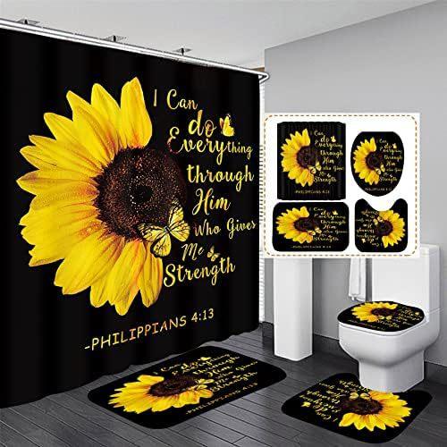 Five Sunflowers Bathroom 4 Piece Set Shower Curtain Bath Mat Curtain Toilet Lid Mat Toilet Pedal