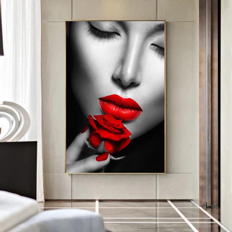 Rote Lippen und Rosen Frauenportrait Wandkunst Ölgemälde Druckgrafik Wohnzimmer