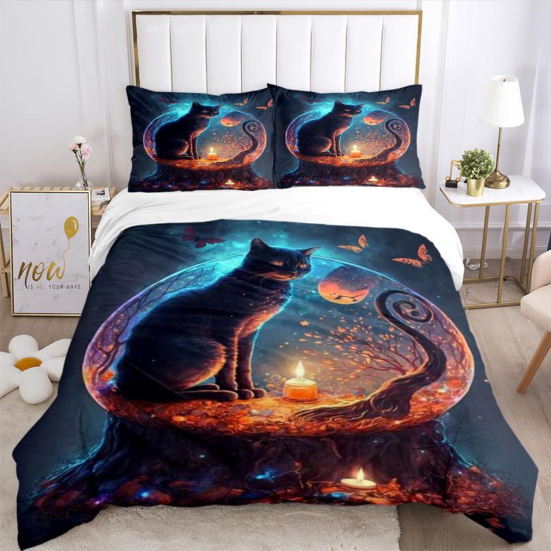 3pcs Anime Cat Moon and Butterflies Bedding Set - Includes One Quilt Cover and Two Pillowcases (No Core) - Home Decor, Festival Gift, Polyes