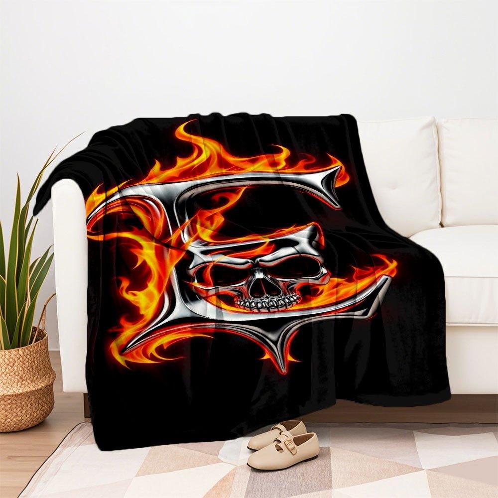 Flaming Skull Metal Wall Art DecorBlanket Flannel Throw Blanket for Sofa, Bed, Travel, Camping, Office