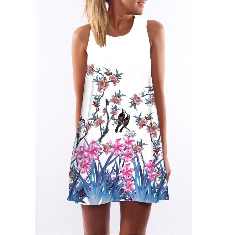 European Station European and American New Retro Digital Printing Round Neck Hot-selling Off-the-shoulder Medium and Long Vest Dress