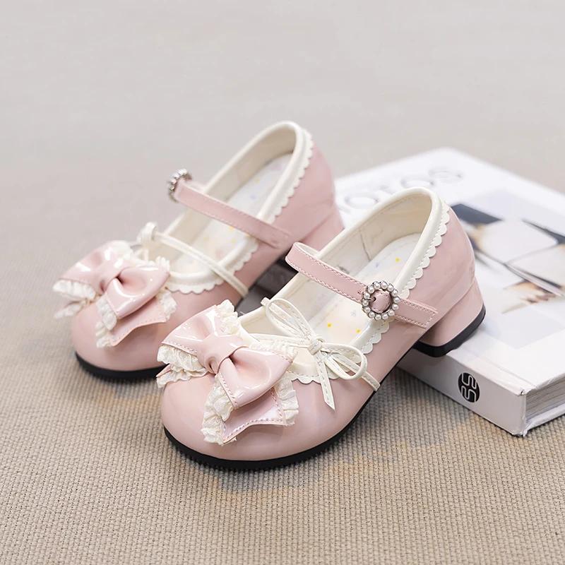 Girls High Heeled Dress Shoes Princess Chic with Double Bow-knot Kids Princess Wedding Party High Heels Fashion Leather Shoes