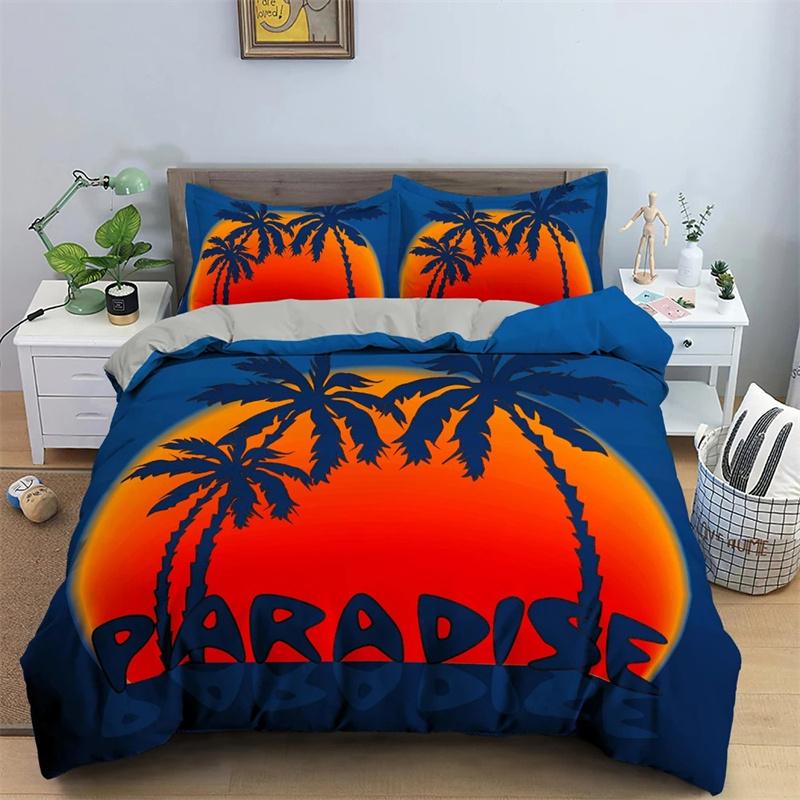 Tropical Coconut Palm Tree Duvet Cover King Queen Size Hawaii Sunset Bedding Set 3pcs Polyester Quilt Cover