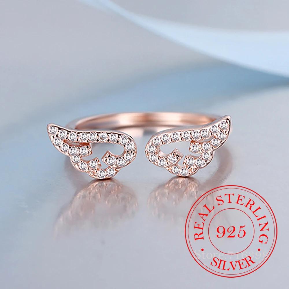 

925 Sterling Silver Angel Wing Ring - Elegant Zircon Studded Pinky Ring for Women & Men Dainty Wedding Party Jewelry One Size рожевий колір золота