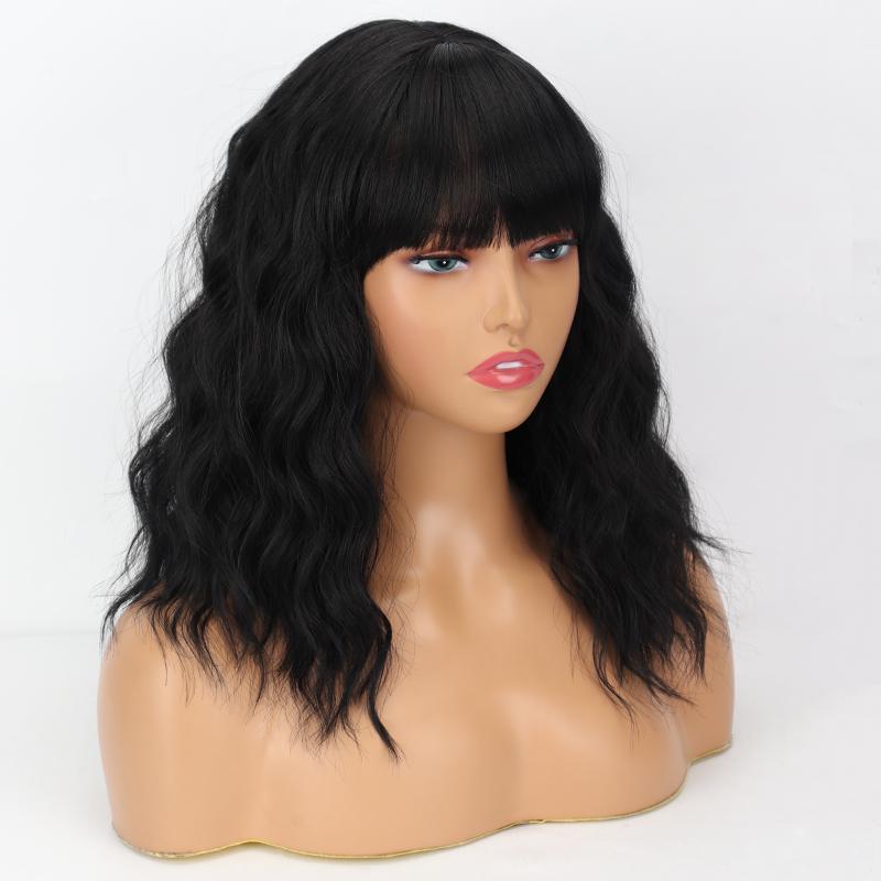 LISI HAIR Rose Red Short Wavy Wig with Bangs Synthetic Fiber Shoulder Length Fashion Cosplay Daily Wear Natural Wavy Wig