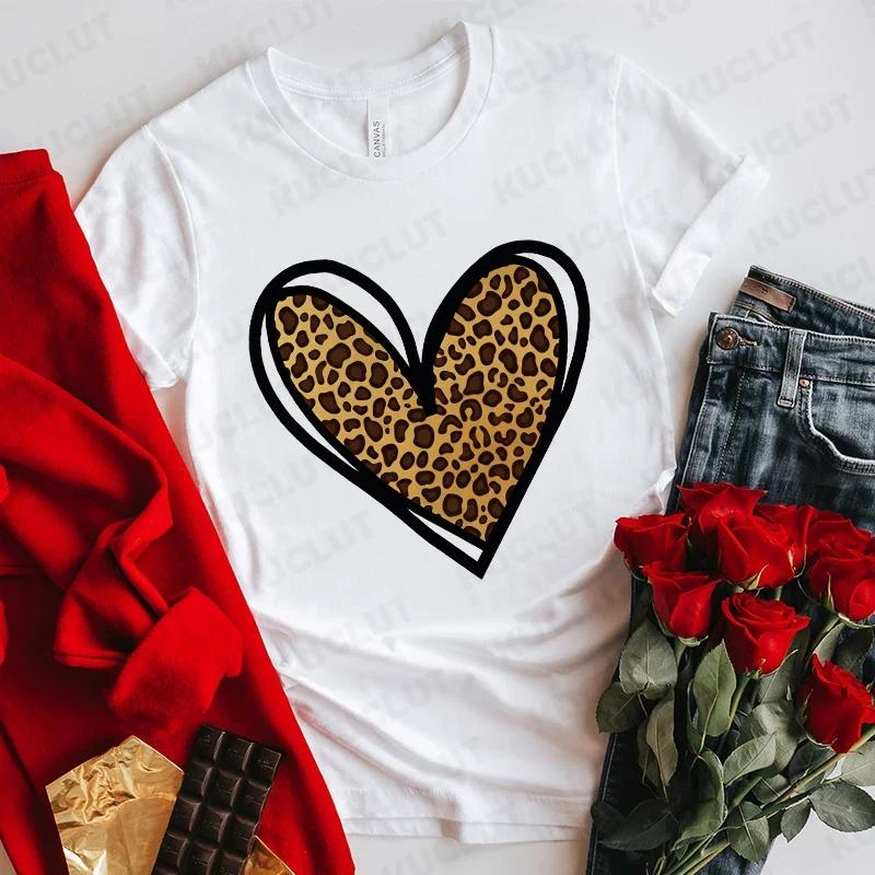 Fashion Unisex Tshirts Leopard Love Heart Print Tops Short Sleeve Clothing Ladies Harajuku Valentines Day Female Clothing