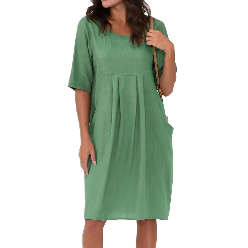 Summer Women's Long Round Neck T-shirt Versatile Casual Women's Solid Color Simple Women's Dress