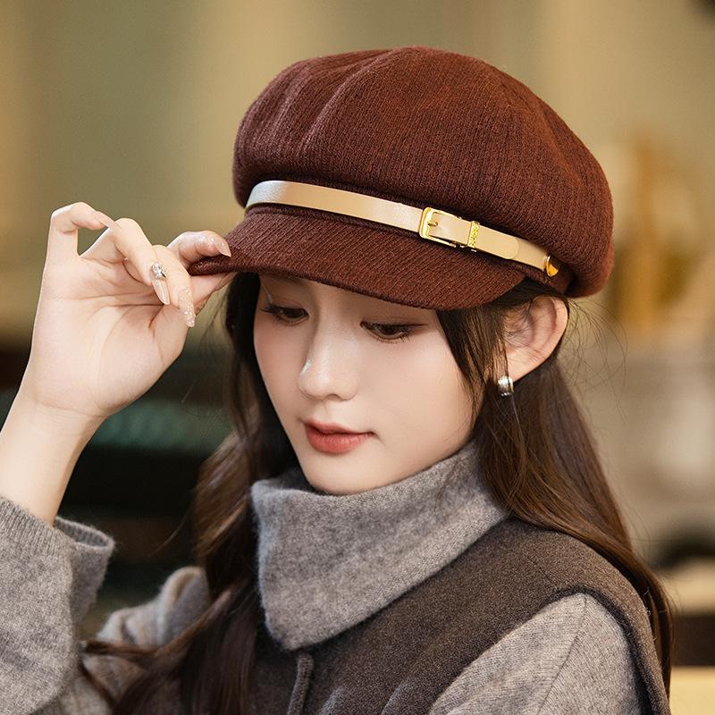

New autumn and winter hat women s belt buckle octagonal hat retro versatile beret face newsboy hat One Size