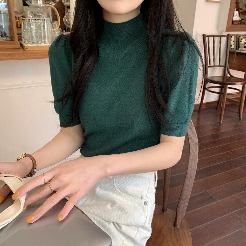Sommer Vintage Puff Hülse Gestrickte Bluse Frauen Koreanische Halb Stehkragen Casual Elegante Frau Shirt Mode Schlank Solide Tops 25244