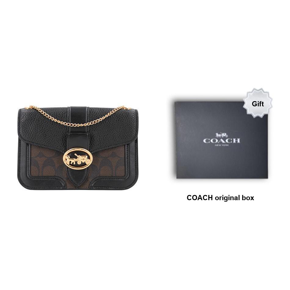 Coach Georgie 20 Color Block Chain Leather Small Square Bag Women Shoulder Bag Dark-Brown 7287-IMAA8