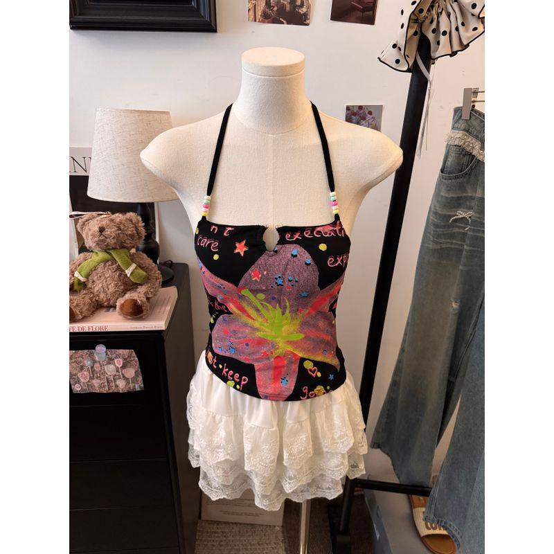 Kumikumi Gyaru Wind Print Beaded Cami Women clothes Autumn Retro With Chest Pad Hanging Neck Inner wear Top