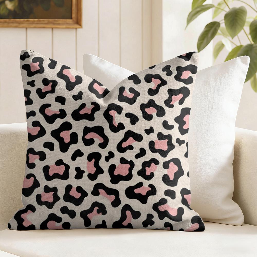 Rosa Leopardenmuster Kissenbezug Natürlicher Leinenstoff Beidseitiger Druck Zierkissenhülle für Sofa Couch Heimdekoration
