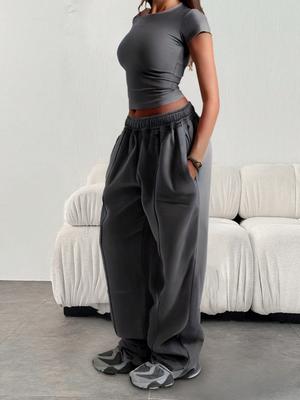 Damen Plus Size Locker Einfarbig Grau Elastischer Bund Jogginghose mit Taschen Lässige Gerade Hosen