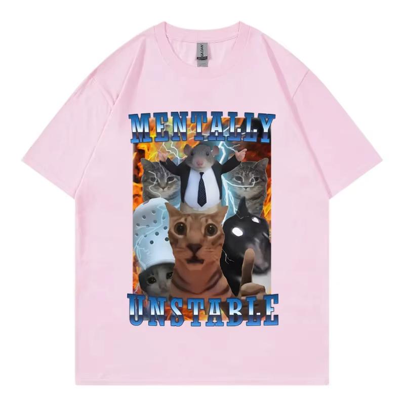 Vintage Mentally Unstable Funny Cat Meme T Shirt Men Women Clothing Fashion Y2k T-shirt Summer Casual Cotton T-shirts Streetwear
