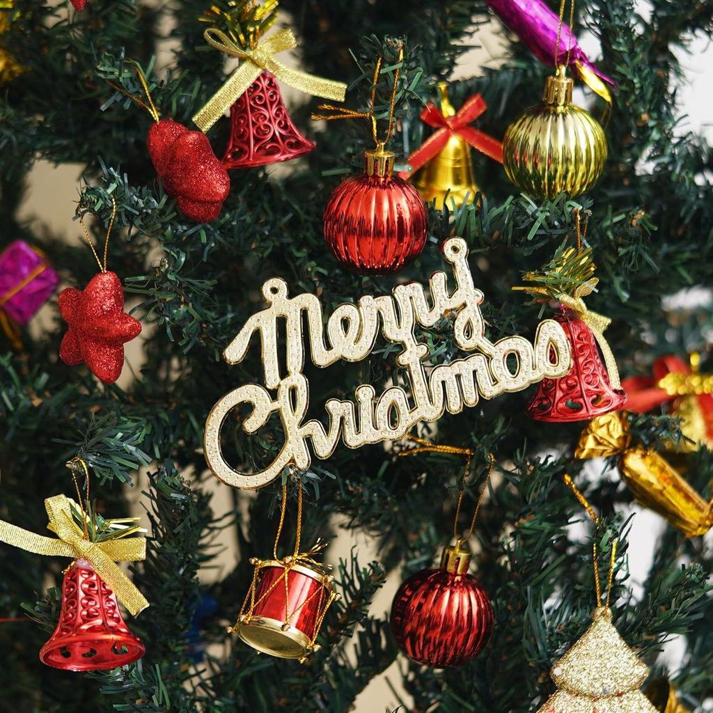 Christmas Tree Decoration Items Merry Xmas Cutout Stars Bells Drums Balls Pine Tree for Decoration (Pack of 24) Christmas Hanging