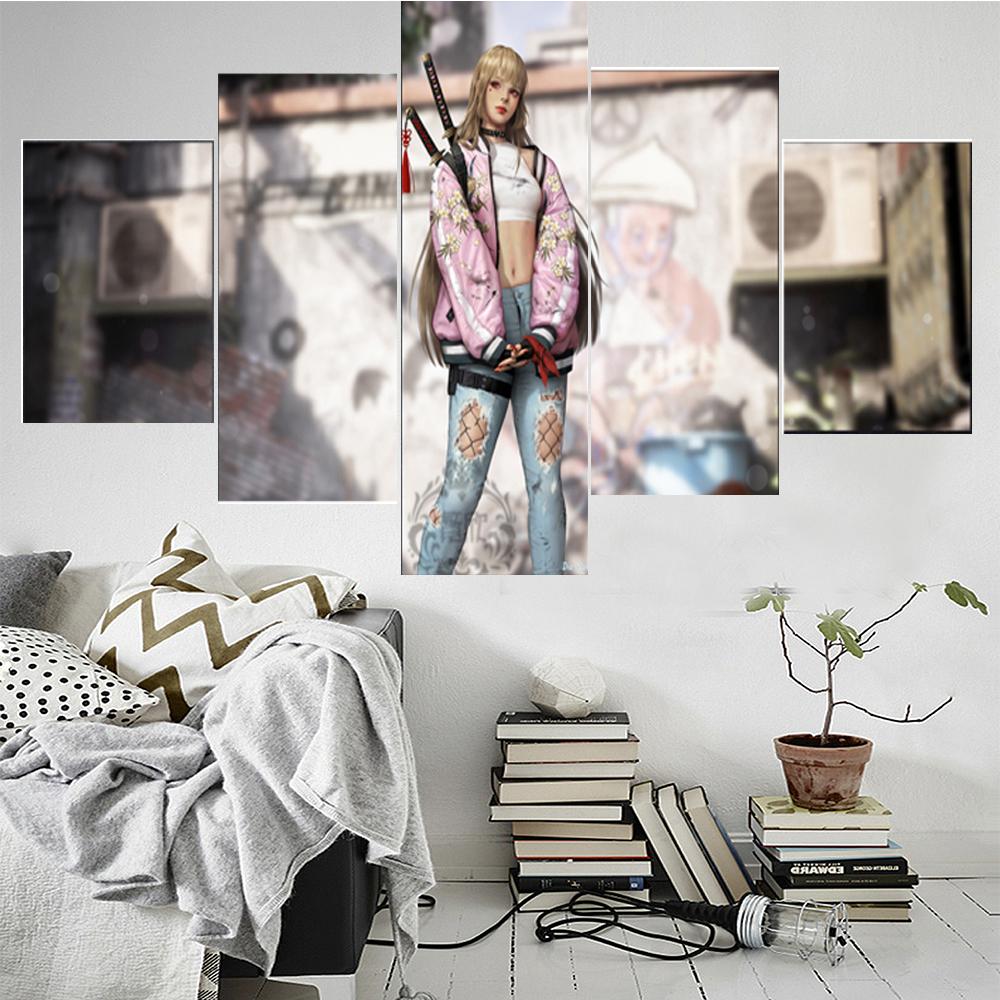 5 Piece Decorative Wall Art Canvas Painting Poster New Fashion Office Home Mural Samurai Sword Girl Anime Painting No Frame