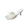Girly atmosphere! Gentle white floral square head bow high heel sandals women