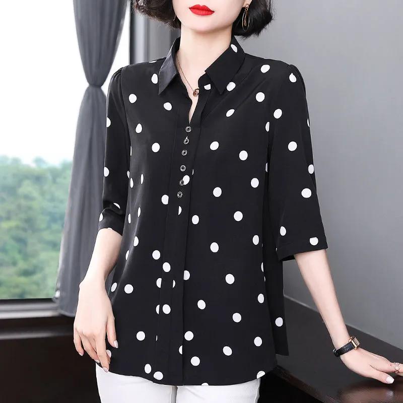 Women's Summer Clothing, Plus Size, Medium Sleeves, Polka Dot Chiffon Shirt, Loose-fitting Casual Top for Middle-aged Mothers