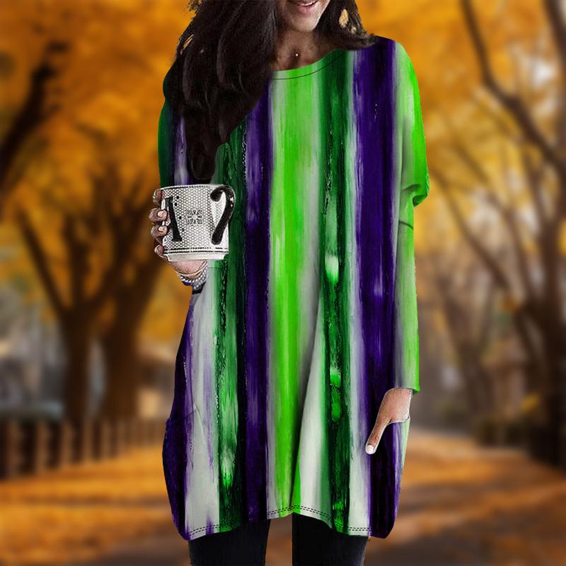 New In Autumn Colored Vertical Line Print Plus Size Dress Women O'neck Long Sleeves Casual Pocket Dresses