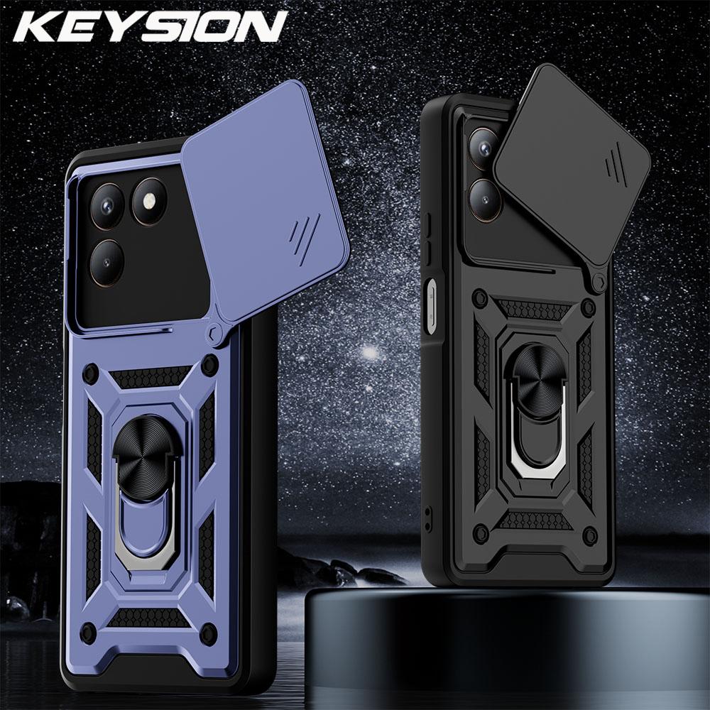 KEYSION Shockproof Armor Case for TECNO POVA 7 4G Slide Camera Lens Protection Metal Ring Stand Phone Back Cover for TECNO Pova7