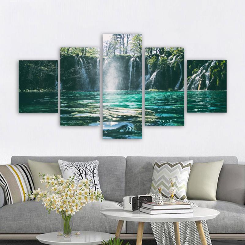 5 Panels Landscape Waterfall Posters and Prints Canvas Painting Wall Art Pictures Living Room Home Decor Lake Tree No Frame