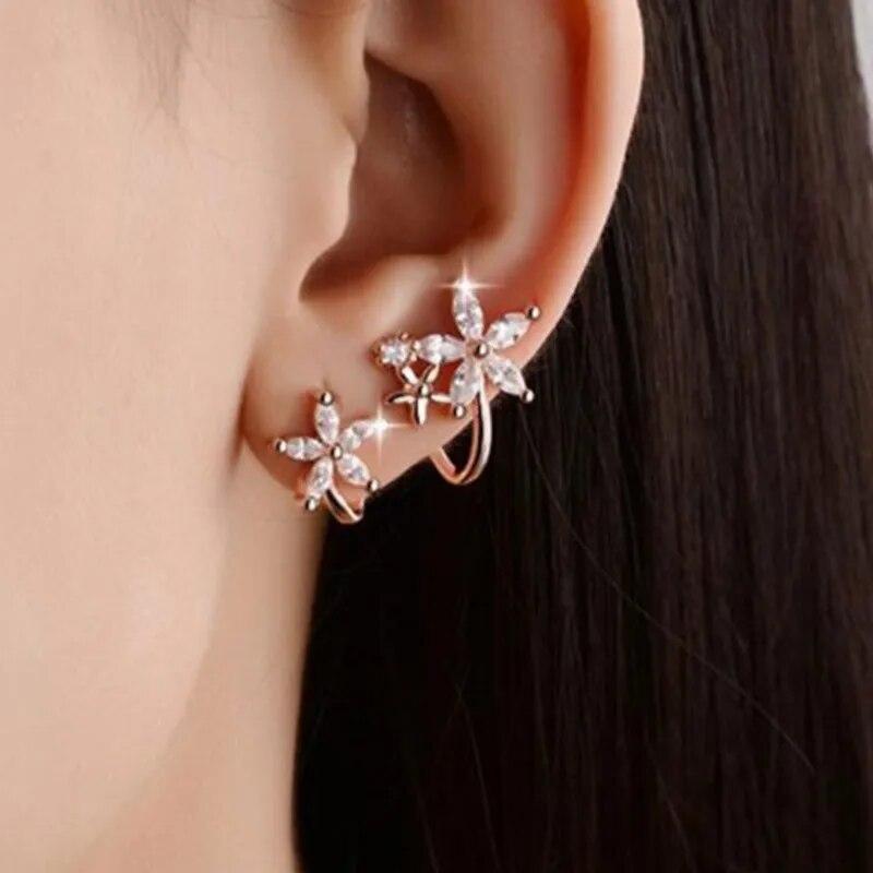 ANENJERY Shiny Earring Flower Curved Clip-on Earrings For Women Crystal Zircon Clip Earrings New Fashion Sweet Jewelry