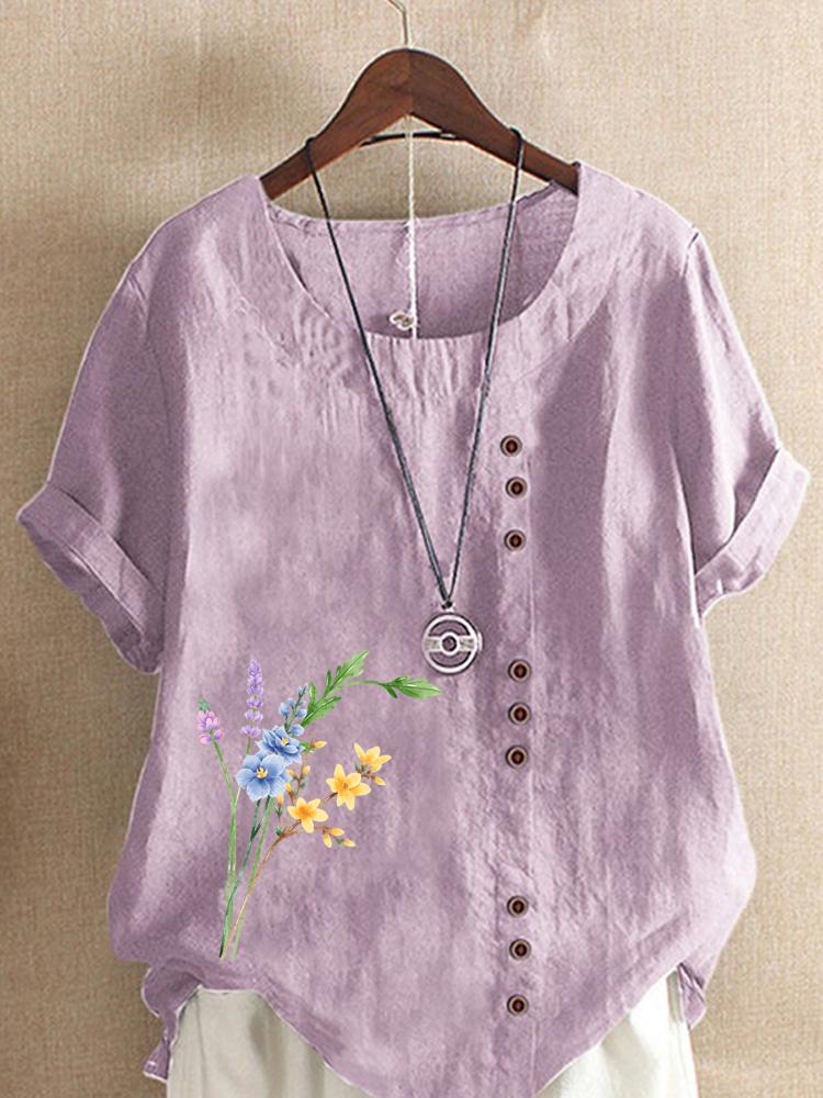Women's Fashion Floral Print Casual Cotton Linen Short Sleeve Round Neck T-shirt Shirt Leisure Loose Summer Blouse Tops