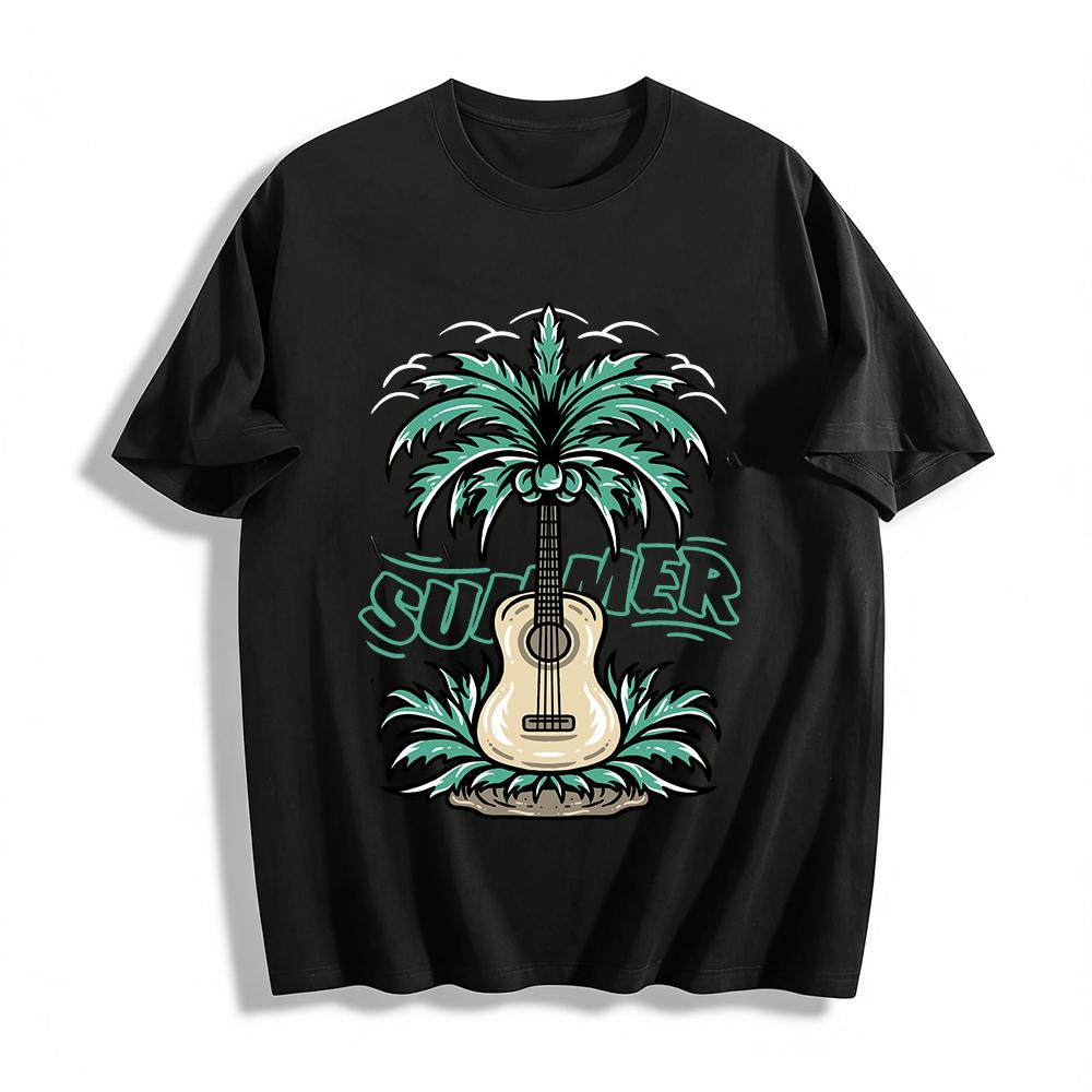 

Summer Palm Guitar Print Vacation Style Casual Short Sleeve Top Pure cotton T-shirt XXS