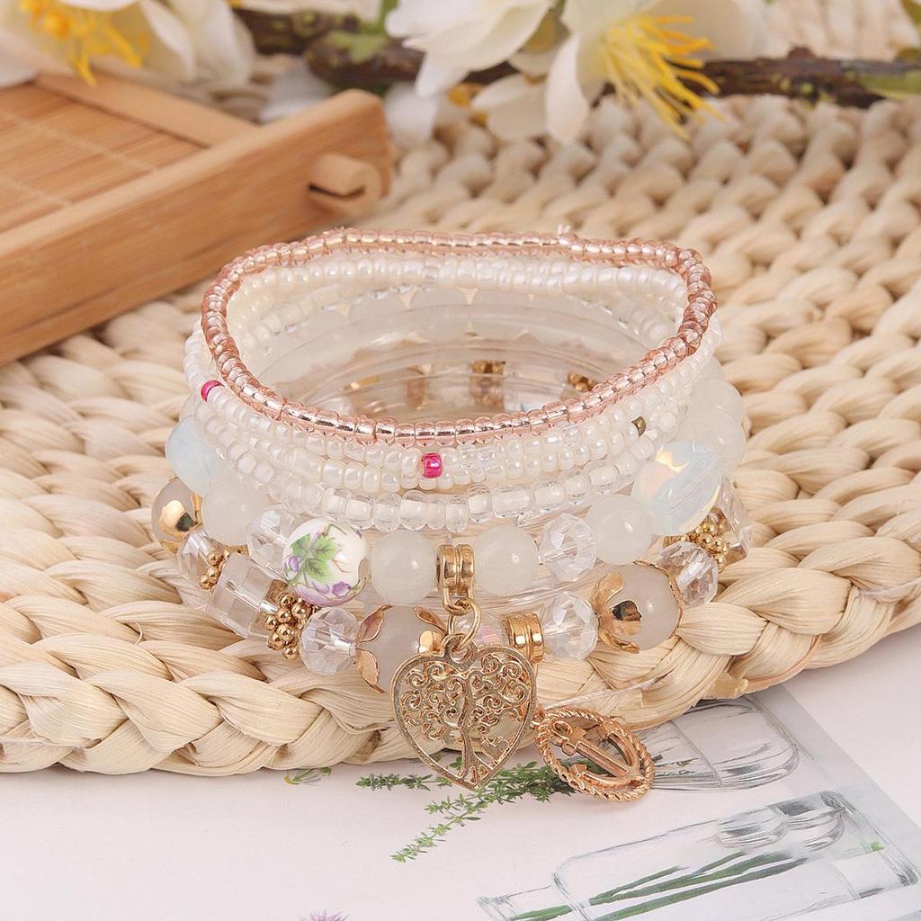 Bohemian Exquisite Beaded Bracelet with Heart, Tree of Life & Anchor Pendants
