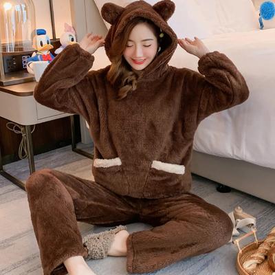 Thickened Warm Flannel Fall and Winter Women Cartoon Plush Hooded Bear Sleepwear Loungewear Two-Piece Solid Nightwear Homewear