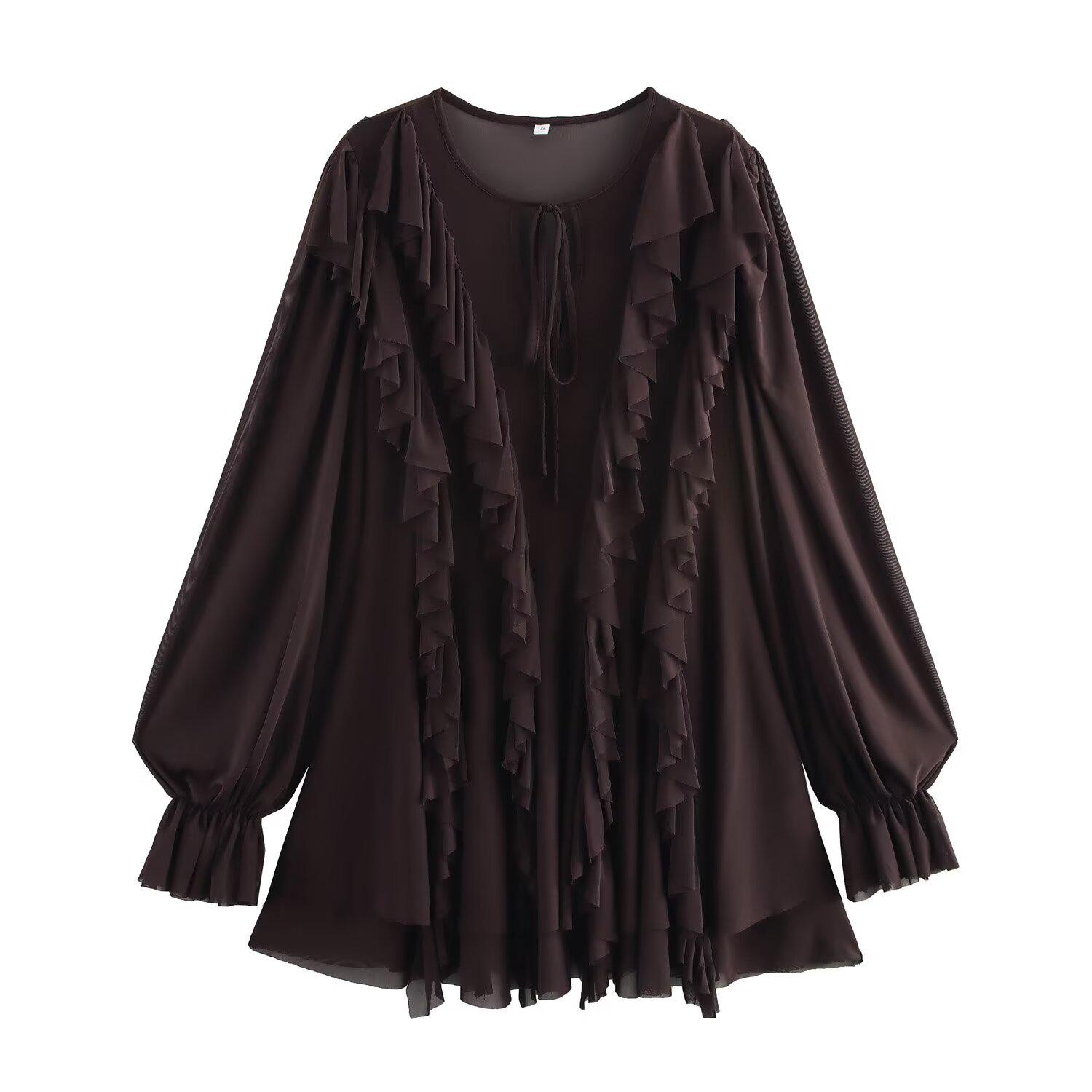 

Весеннее женское многослойное мини-платье с круглым вырезом - Европейский и американский стиль, длинный рукав XS чёрный