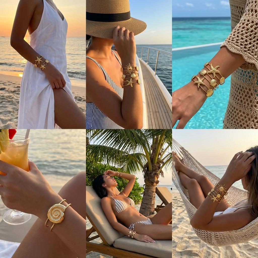 Vintage Punk Stainless Steel Ocean Series Wide Cuff Bangle for Women Gold Plated Starfish Conch Turtle Bracelet Beach Jewelry