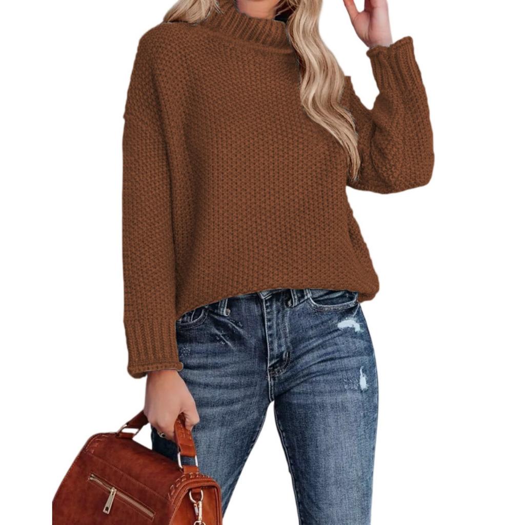 Fashionable Women's High-neck Knitted Sweater With Long Sleeves And Rolled Hem