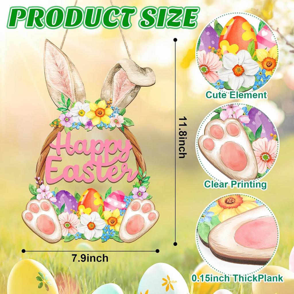 Wooden Easter Decoration Door Wreath for Front Door Sign Wall Signs Rabbit Spring Decoration, Hollow Bunny Sign Flower Egg Welcome Hanging for Home