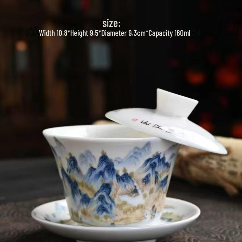 Blue & White Porcelain Covered Kung Fu Tea Bowl - Large Ceramic Sancai Household Set