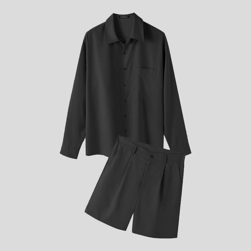 

INCERUN комплект из двух предметов, мужские рубашки с длинными рукавами, шорты, повседневные брюки, комплекты L чёрный