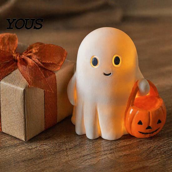 Holiday Ghost Ornament Halloween Holding Pumpkin Figurine, Spooky Statue with Decoration Night Light, Resin for Desk Tabletop Centerpiece