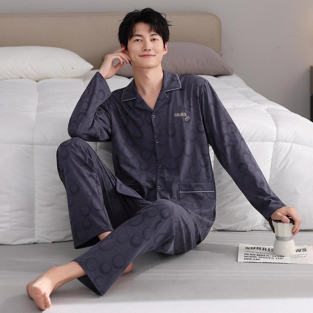 Men's Autumn Lycra Cotton Cardigan Pajama Set - Long Sleeve & Pants, Casual & Comfortable for Outdoors or Home