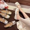 Silver Flat Bottom Square Head Mary Jane Single Shoes Women's Summer New Rhinestone Bow with Skirt Small Leather Shoes