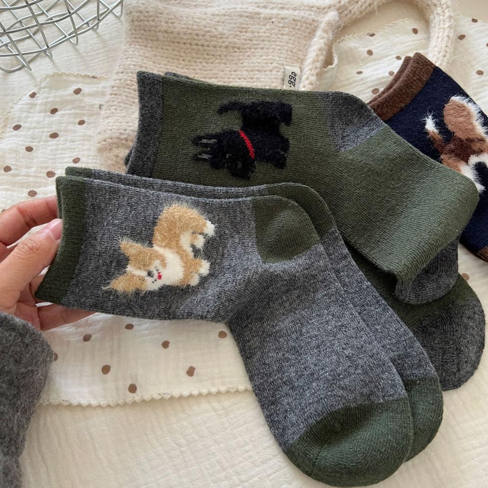 3 Par Söta Valp Fleece Strumpor Dam Höst och Vinter Tjocka Varma Mellanlånga Strumpor Parti