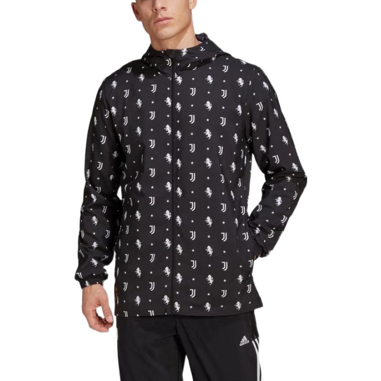 adidas SS22 Monocolore Logo Stampa Integrale Giacca con Cappuccio Manica Lunga Uomo Capispalla Nero HB6013