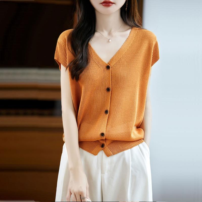 Top da Donna Estivo Nuovo Scollo a V Bottoni Davanti Vestibilità Aderente Lavorazione a Maglia Seta Ghiacciata Tencel Manica Corta T-shirt