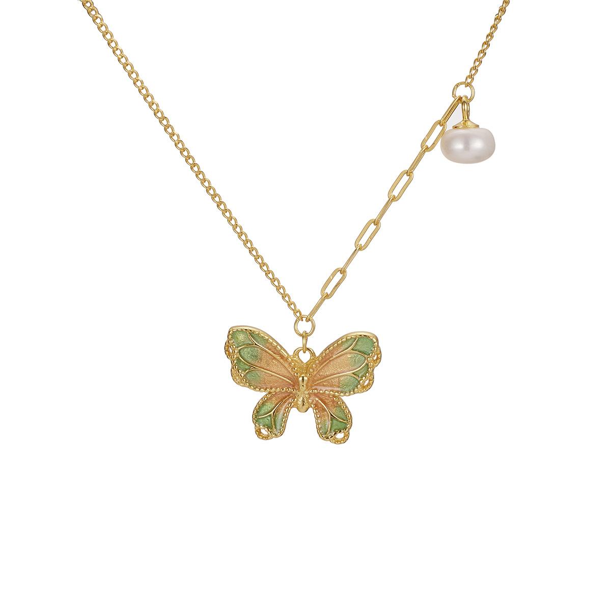 

S925 стерлингового серебра эмаль цвета постепенное изменение зеленая бабочка жемчужное ожерелье женское высокое чувство бабочка ключичная цепочка мода 925 silver золотой