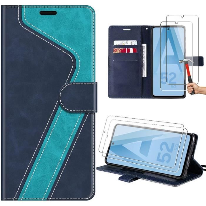 Coque pour Samsung Galaxy A52s 5G et A52 5G-4G en Cuir PU à Motif avec Porte-cartes et Suppport, Bleu + 2 Verres Trempés