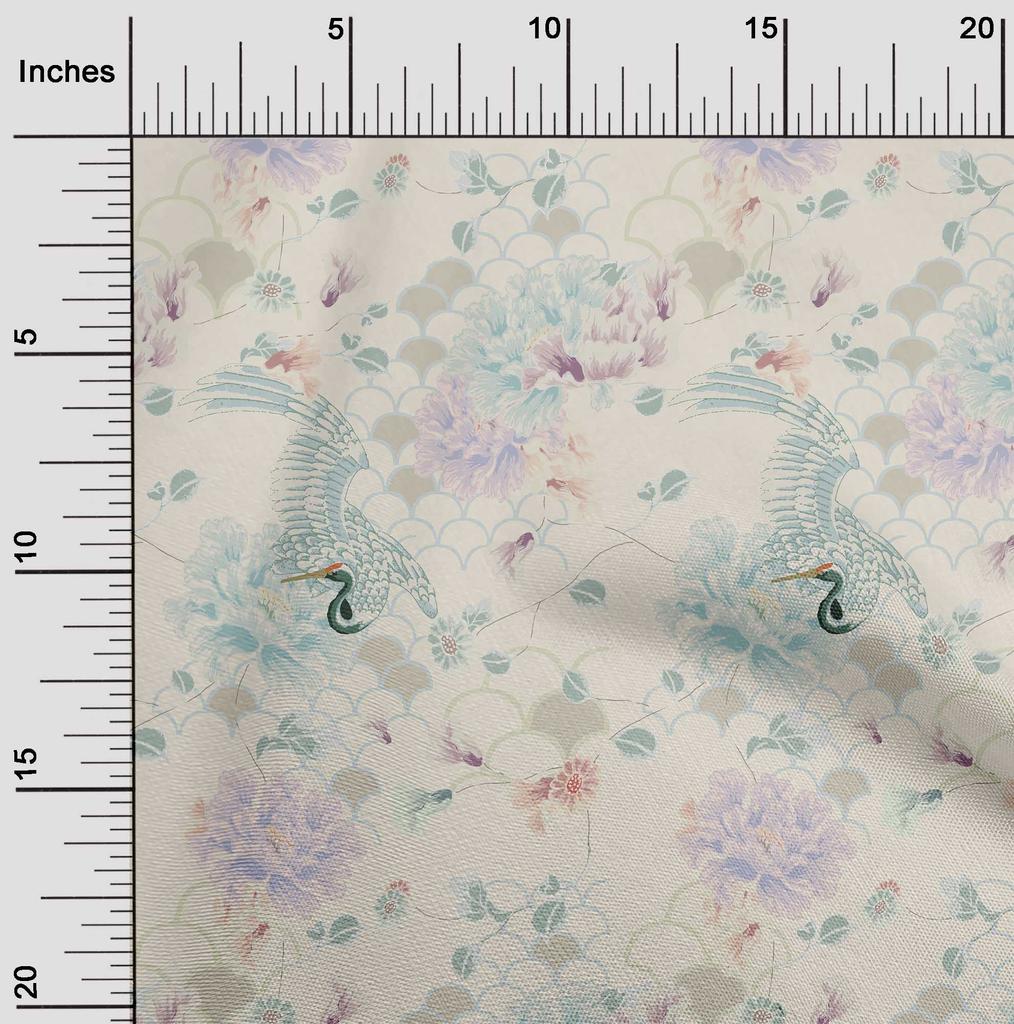 oneOone Cotton Flex Off White Fabric Floral & Peacock Quilting Supplies Print Sewing Fabric By The Yard 40 Inch