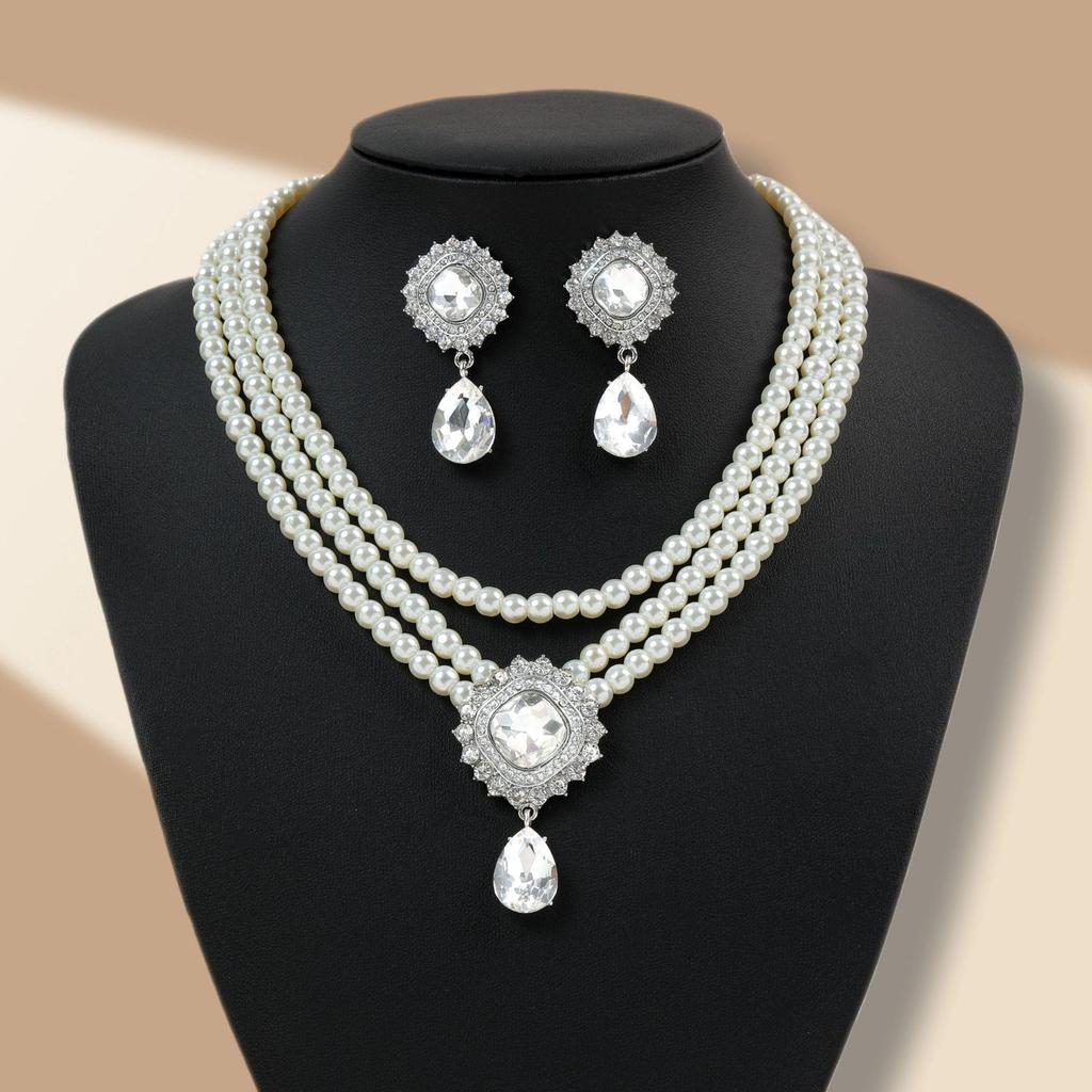 Elegant Luxurious Pearl Bridal Jewelry Set: Necklace & Earrings for Women - French Formal Wedding Style