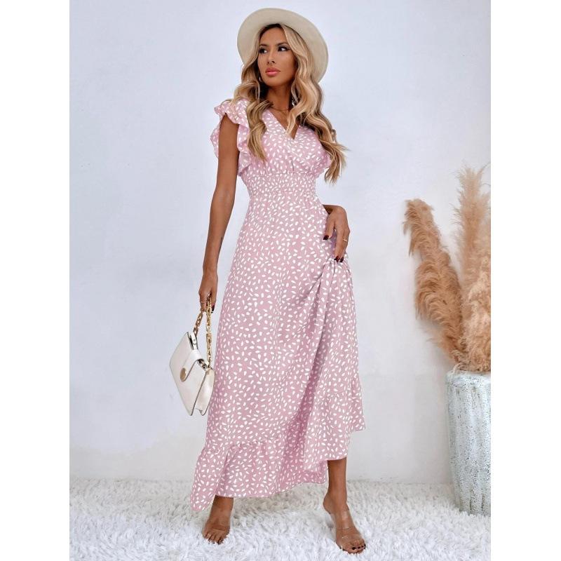 Spring and Summer V-neck Cinched Waist Long Dress, Ruffled High-waisted Dress for Women