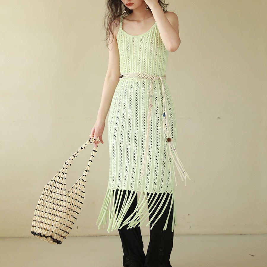 Pure Handmade Cotton Waist Rope Woven Fringed Beaded Famous Style Belt Women's Summer Simple and Versatile Waist Chain Literary and Retro