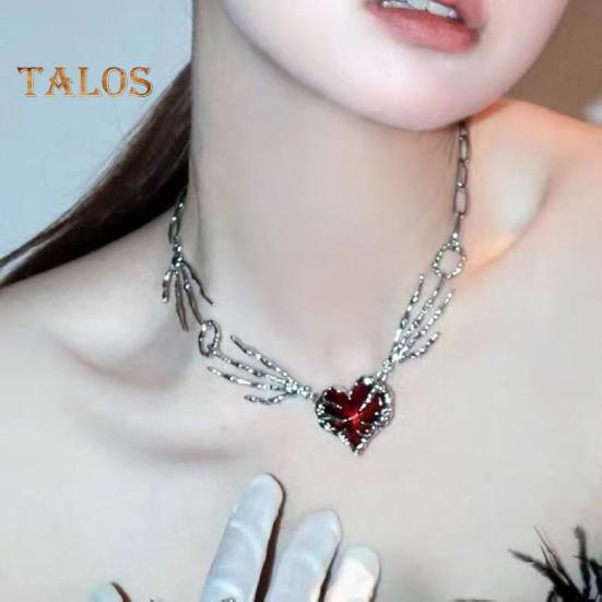 Collar para Mujer Pedante de Corazón de Diamantes de Imitación Rojos Forma de Mano de Esqueleto Estilo Punk Oscuro Individual Hueco Joyería para el Cuello para Fiesta de Club
