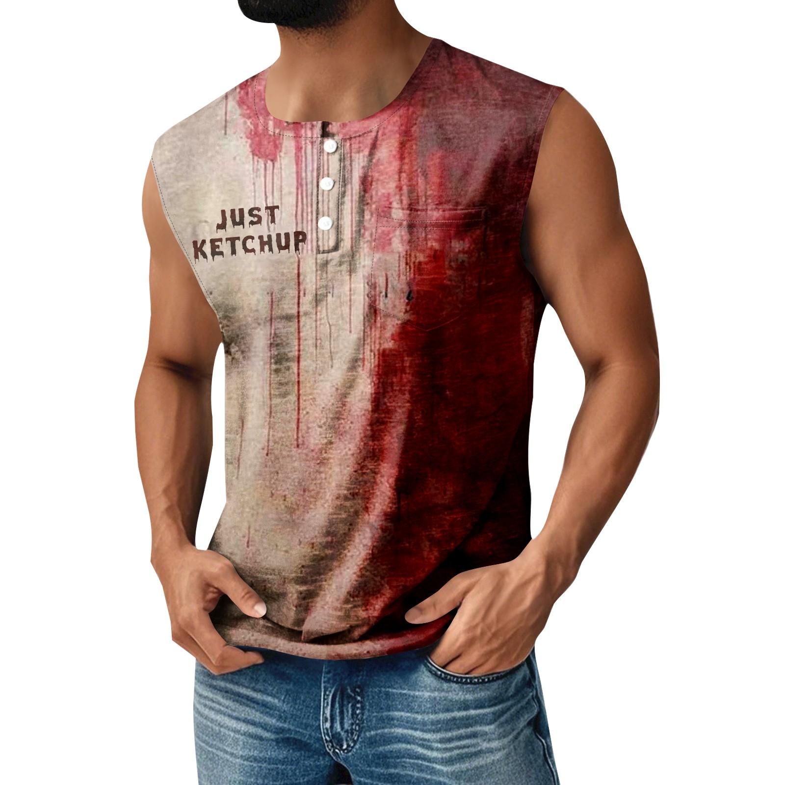 

Men s Halloween Printed Sports Button Pocket Sleeveless Vest XXL винний